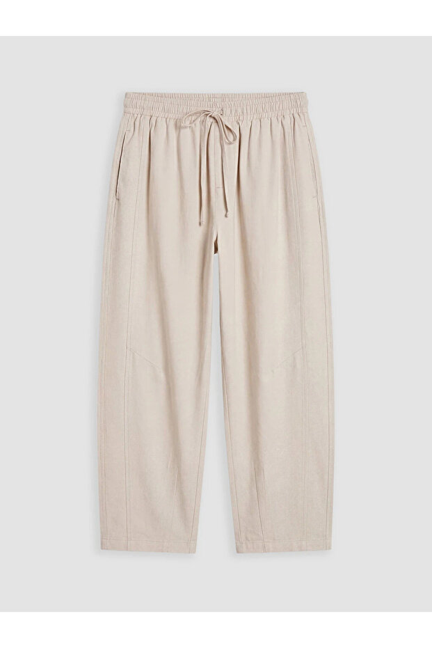 Beige Elastic Waist Modal Blend Women's Trousers