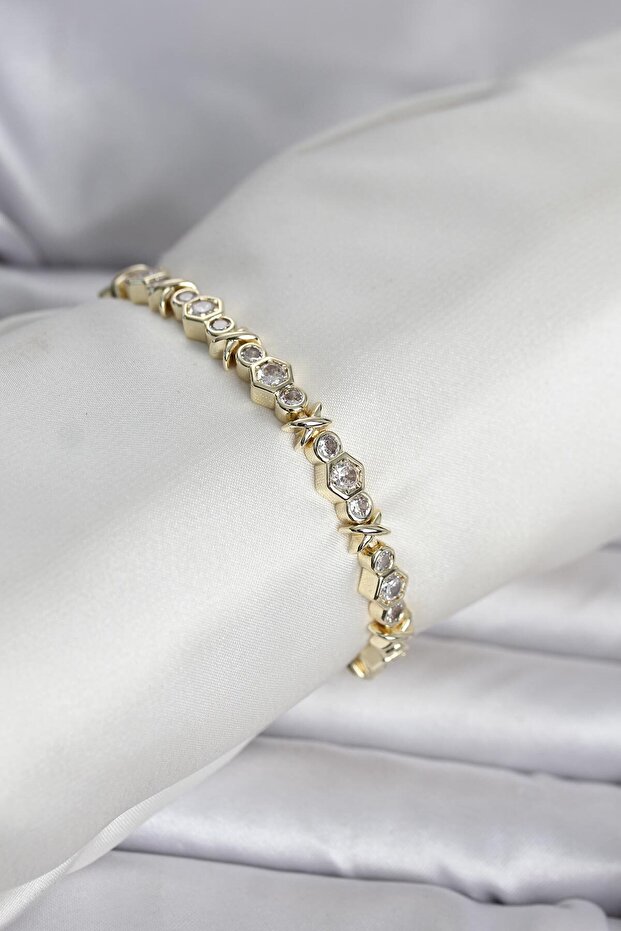 Brass Gold Color Honeycomb Model Zircon Stone Women's Bracelet