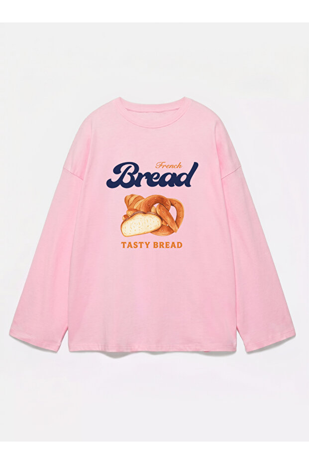 100% Cotton Oversize Fit Bread Printed - Crew Neck Long Sleeve T-Shirt