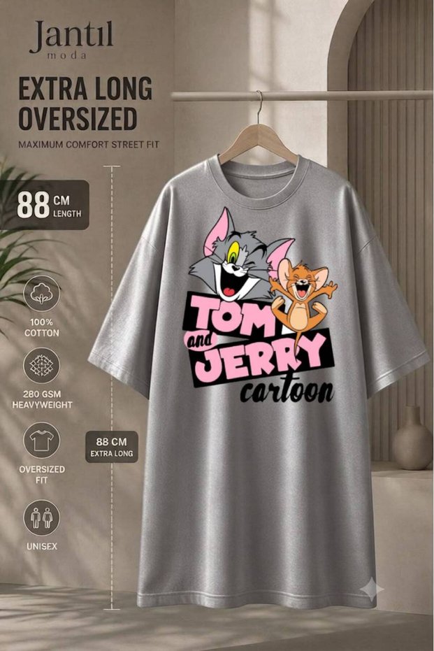 Crew Neck Tom and Jerry Printed Extra Long Oversize Tunic T-Shirt Short Sleeve