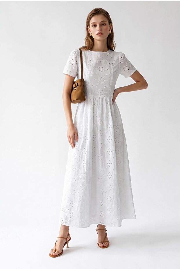 2216 Women's Lined Short Sleeve Floral Openwork Midi Dress White
