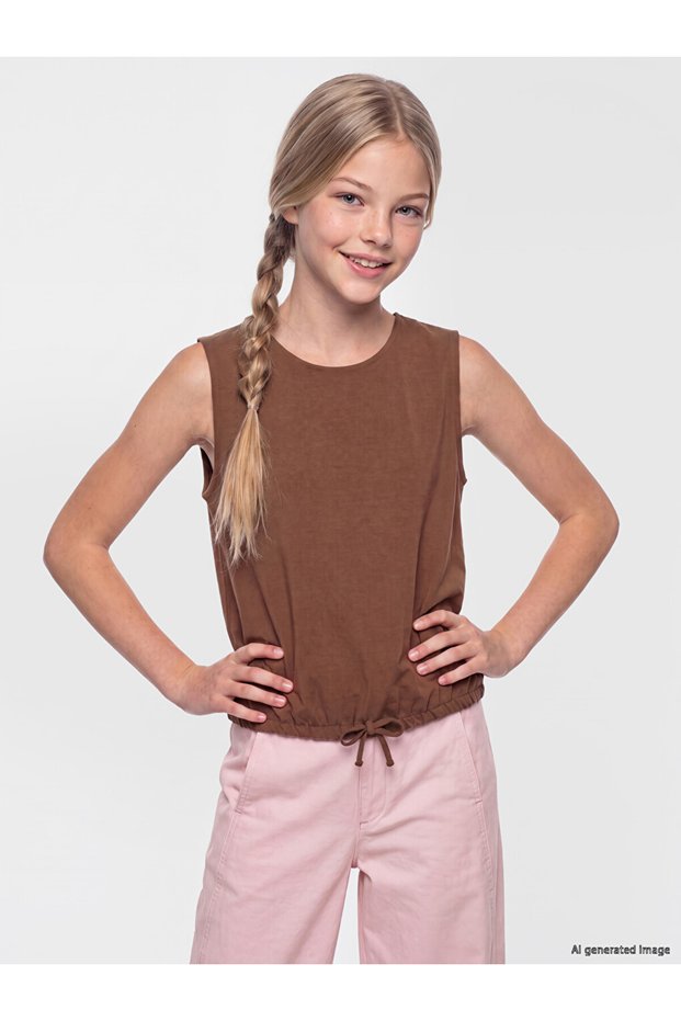 Özmarka New Season Brown Girls' Blouse with Drawstring Detail