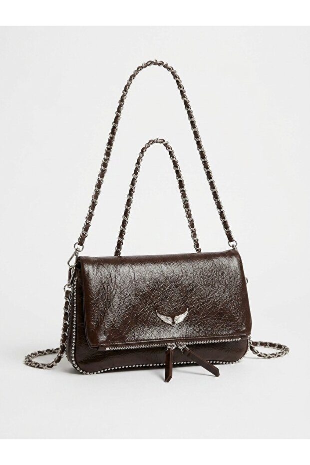 Women's Brown Chain Strap Baguette Shoulder Bag with Zipper Detail