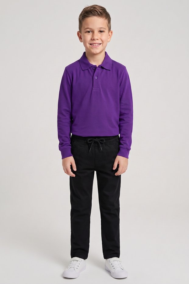 Boys' Purple Long Sleeve Polo Collar T-Shirt Black Ribbed Waist Canvas School Pants Bottom - Top Set School Outfit