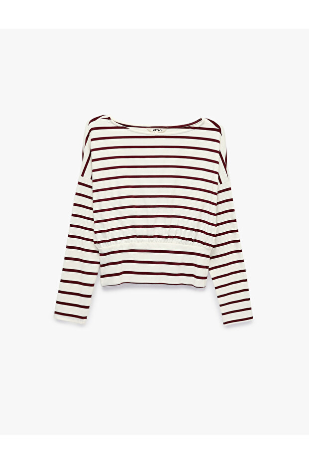 Viscose Fabric Round Boat Neck Long Sleeve Waist Accent Striped T-Shirt