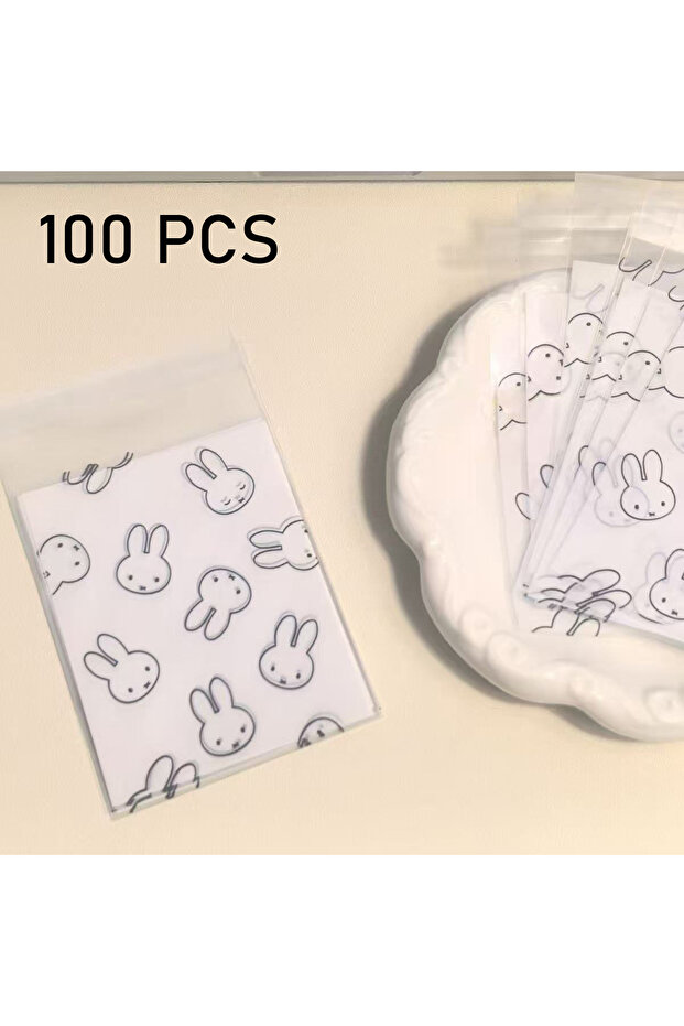 100 pcs 100 Pcs Cute Miffy Rabbit Self sealing Bag Love Bean Small Card Gift Packaging Bag Jewelry E