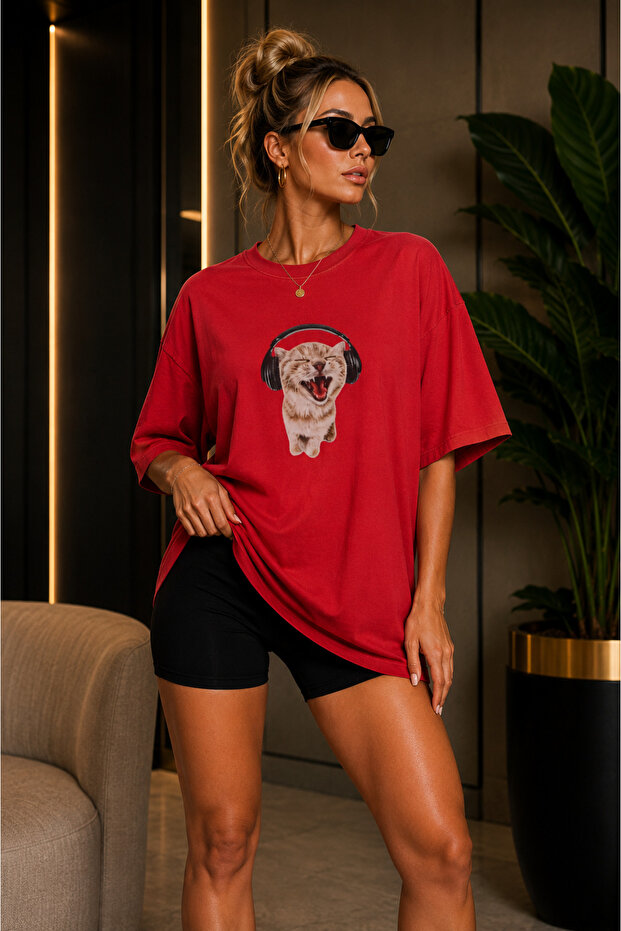 Premium Cute Cat Printed Oversize Women's T-Shirt Cotton Oversize T-Shirt