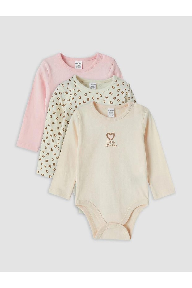 Crew Neck Printed Baby Girl 3-Piece Snap-On Bodysuit (W6)