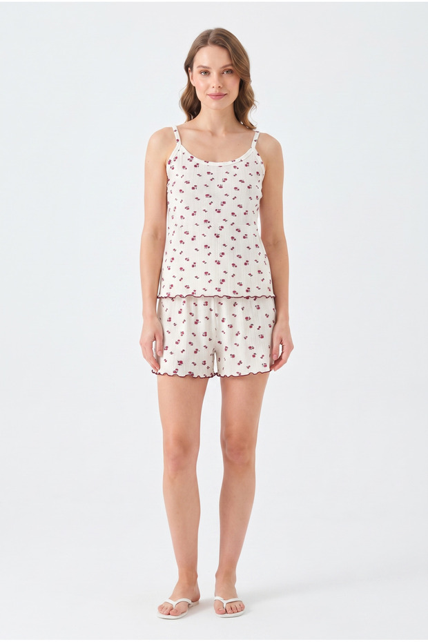 100% Cotton Combed Floral Pattern Women's Shorts Set with Straps