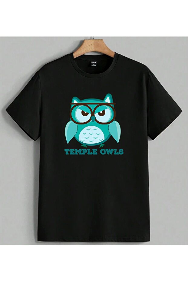 Temple Owls Turquoise Owl Printed Unisex Oversize T-Shirt Black
