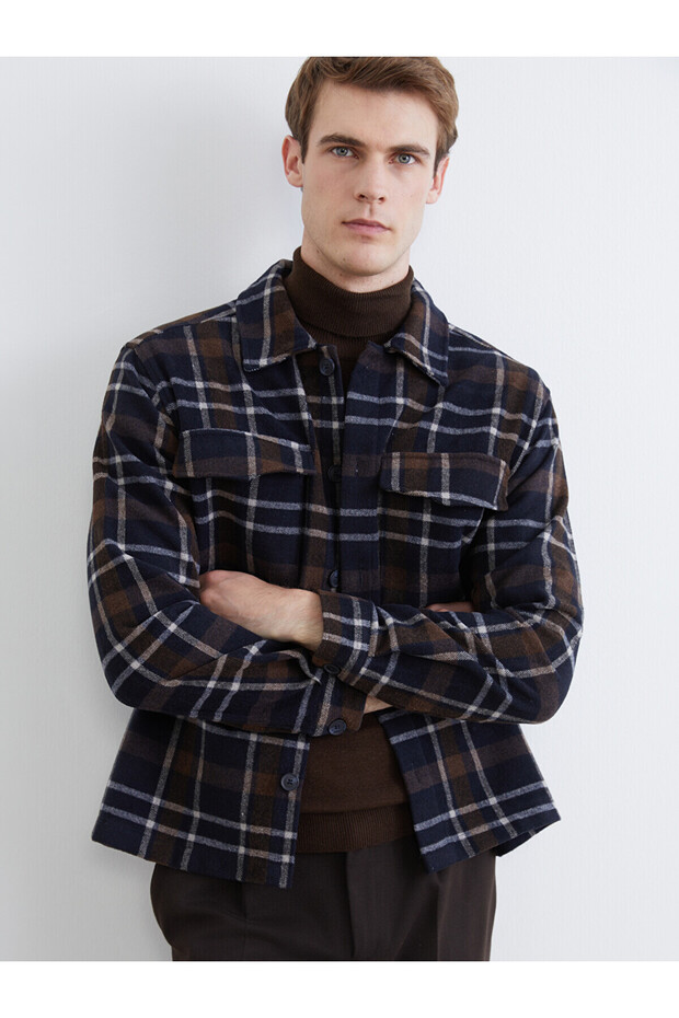 Giyçık Store Den Navy Blue Regular Fit Plaid Wool Blend Men's Lumberjack Shirt
