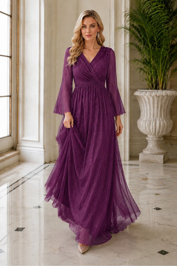 Women's Long Tulle Sleeves Double Breasted Collar Lycra Glitter Comfortable Cut Stylish Chiffon Plum Long Evening Dress