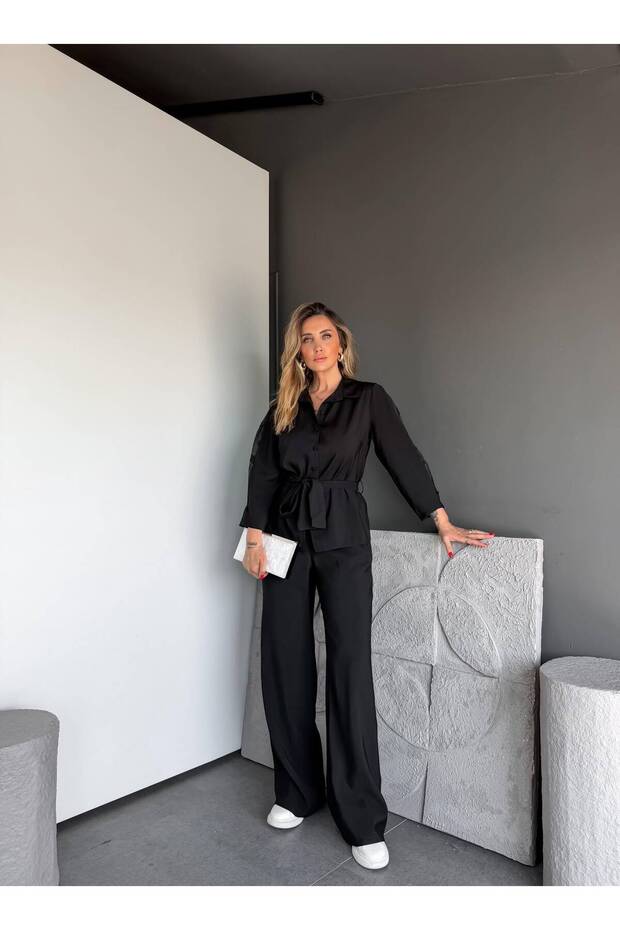 Premium Quality Belt Detailed Comfortable Cut Shirt and Trousers Two-Piece Set