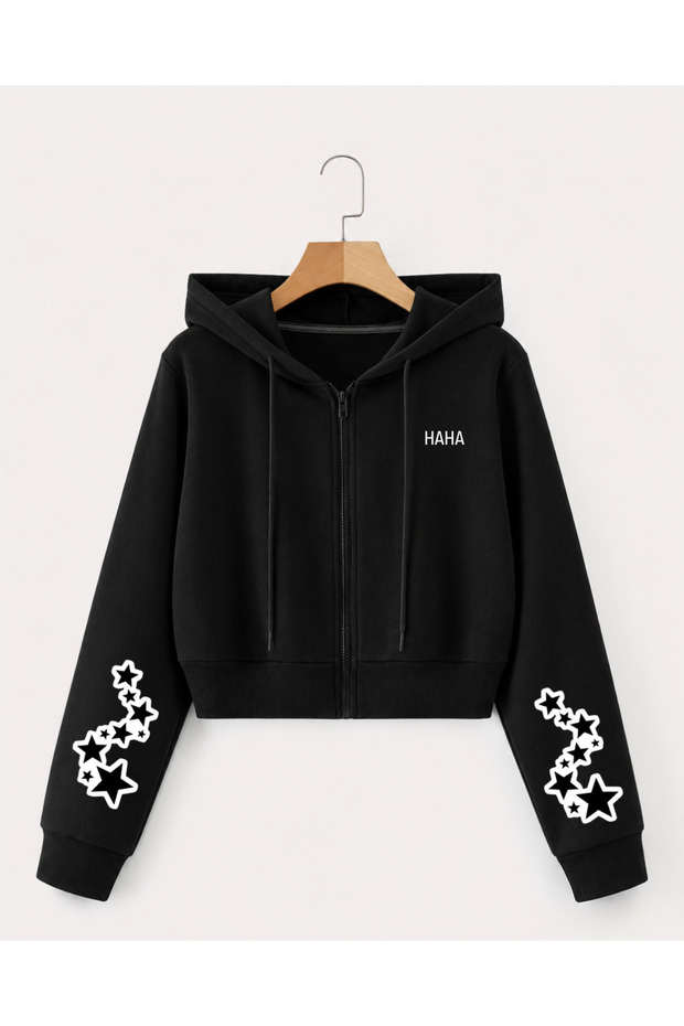 Girls' Hooded Jacket with Printed Sleeves