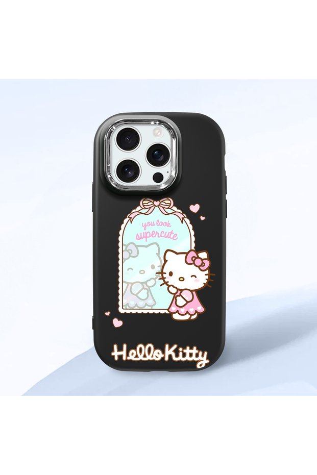 iPhone 16 Pro Max Compatible Case with Camera Protector Black Silicone Couple Phone Case with Kitty Pattern