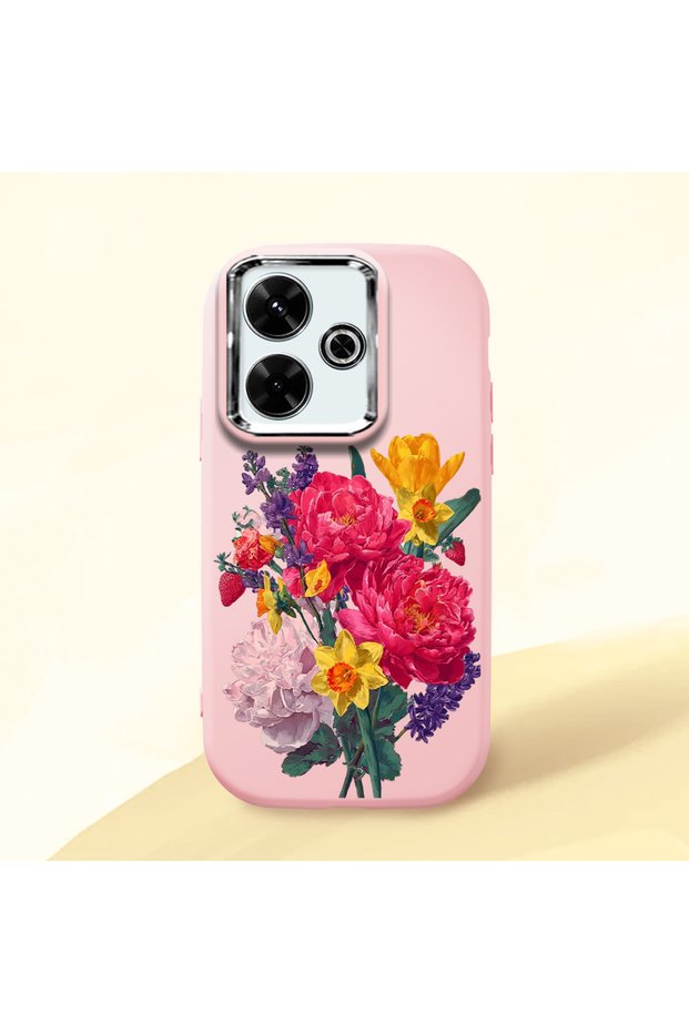 Poco M6 Compatible Case Camera Protector Pink Silicone Couple Phone Case with Floral Pattern
