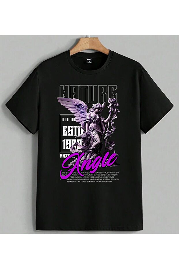 Amulle Angel Purple Flower Printed Unisex Oversize T-Shirt Black