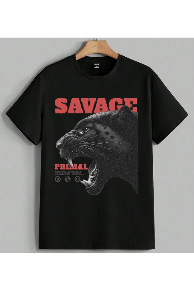 Savage Primal Lion Print Printed Unisex Oversize T-Shirt Black