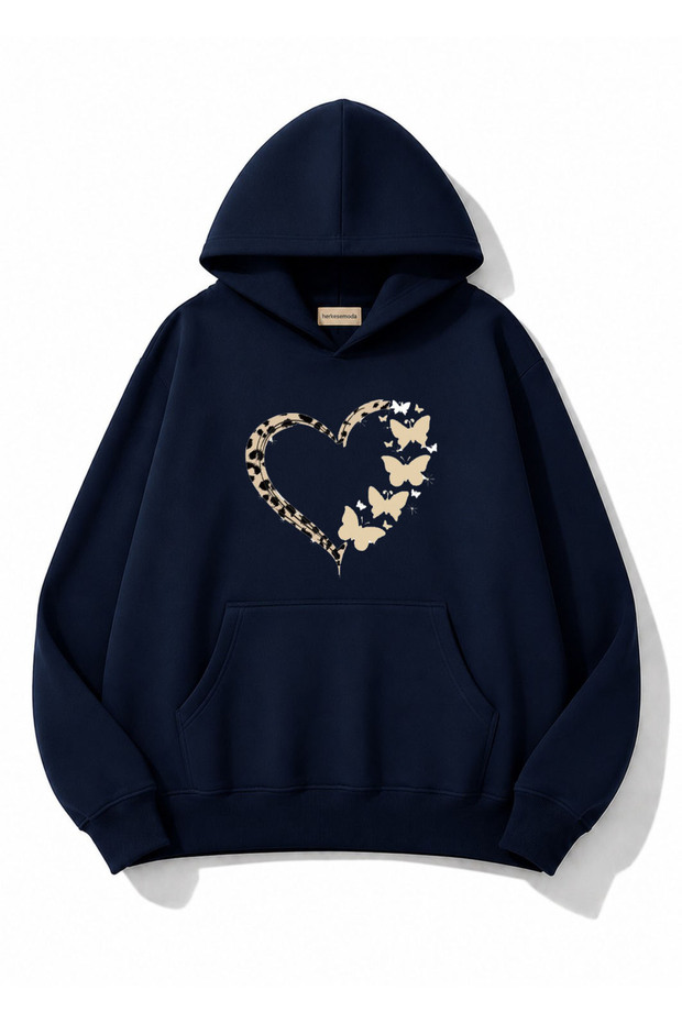 Leopard Effect Heart Printed Hooded 2 Thread Threaded Sweatshirt