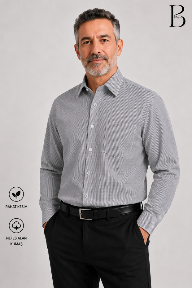 Relaxed Fit Long Sleeve Striped Classic Men's Dad Shirt