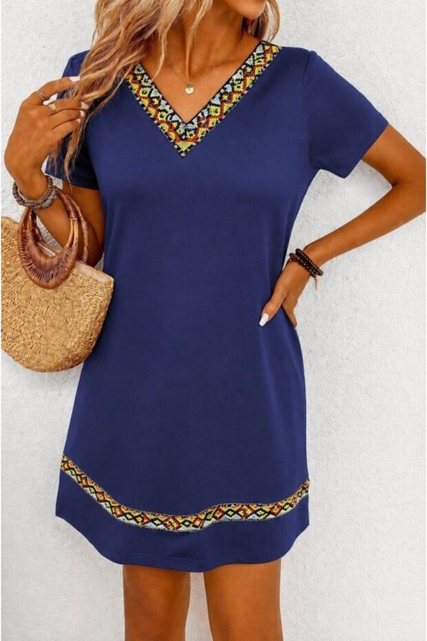 Women's Short Sleeve V-Neck Ethnic Pattern Stripe Detailed Viscose Dress