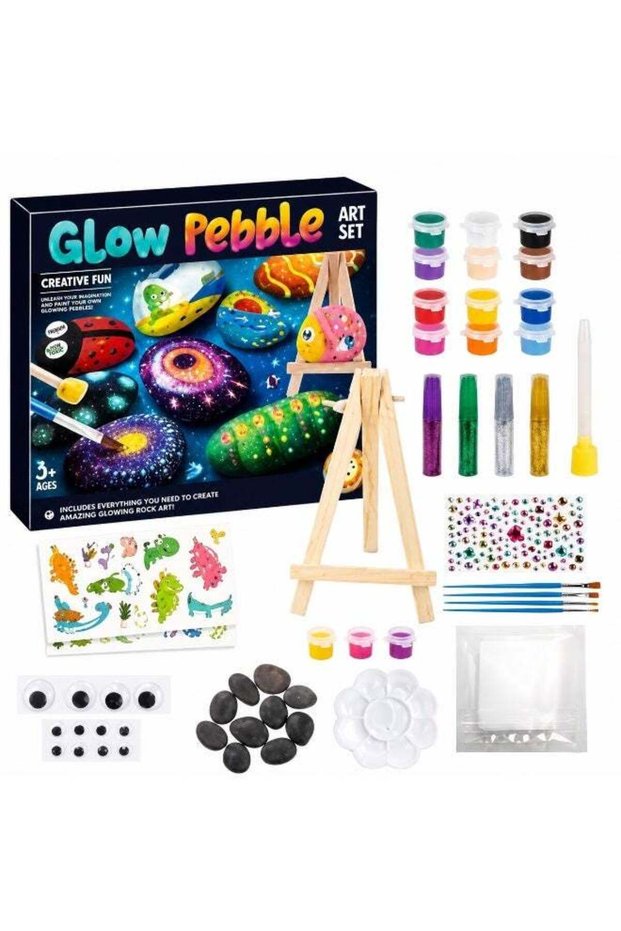 AYNI Rock Painting Kit for Kids - Glow In The Dark Rock Set DIY Arts Crafts Toys - 12 Rocks, 6 Metallic, 6 Standard, 5 Glow In The Dark Paints, Stickers, Gems for Ages 4-12