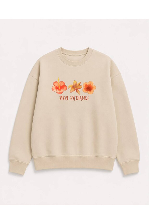 Orange Flowers Printed 2 Thread Threaded Crew Neck Sweatshirt