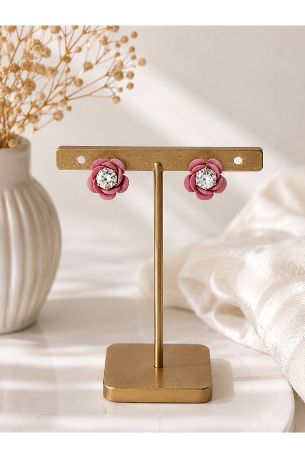 Dried Rose Flower Detailed Zircon Stone Earrings – Gold Color Steel Flower Earrings – Elegant Women's Earrings