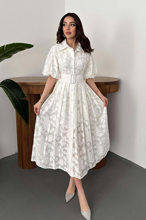Women's Ecru Midi Belted Balloon Sleeve Floral Patterned Shirt Collar Dress