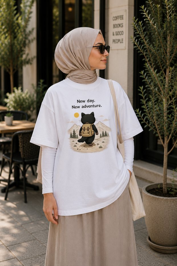 Premium New Day New Adventure Oversize Unisex T-Shirt 100% Cotton Cute Cat Design White T-Shirt