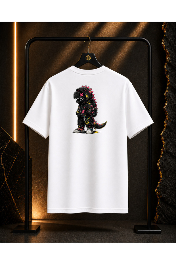 Unisex Street Dino Back and Front Printed 100% Cotton Oversize Crew Neck Short Sleeve T-Shirt White