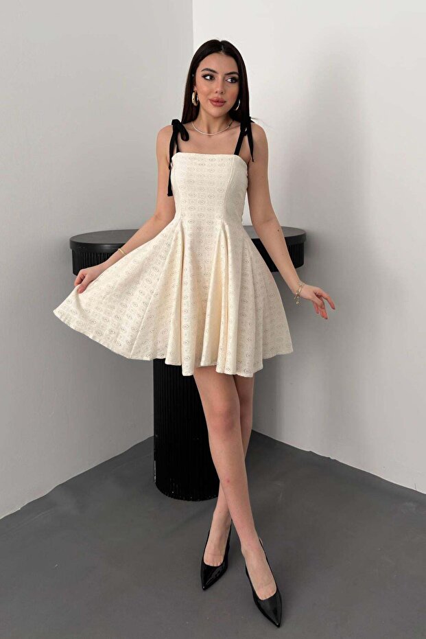 Women's Beige Mini Dress Square Neckline Shoulder Lace-Up Flared Skirt Textured Cotton