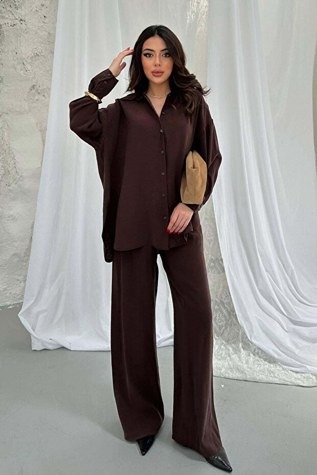 Women's Brown Bottom - Top Set Shirt Pants Two Piece Set Buttoned Wide Leg Long Sleeve