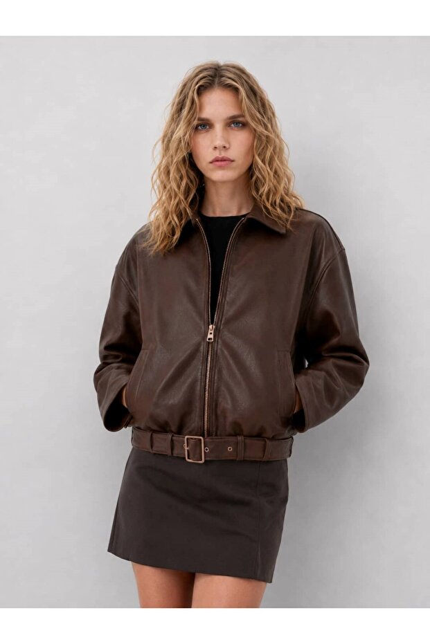 Women's Oversized Belted Leather Jacket