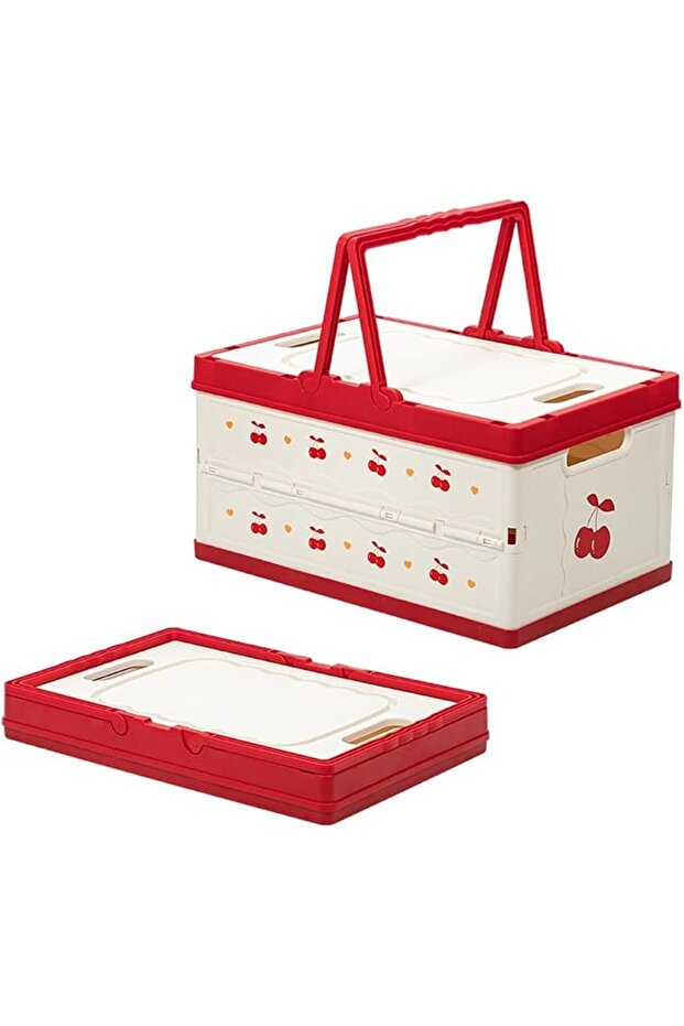 Large plastic storage basket with lid, foldable, portable picnic basket, suitable for clothes, books, and sundries (red and white).