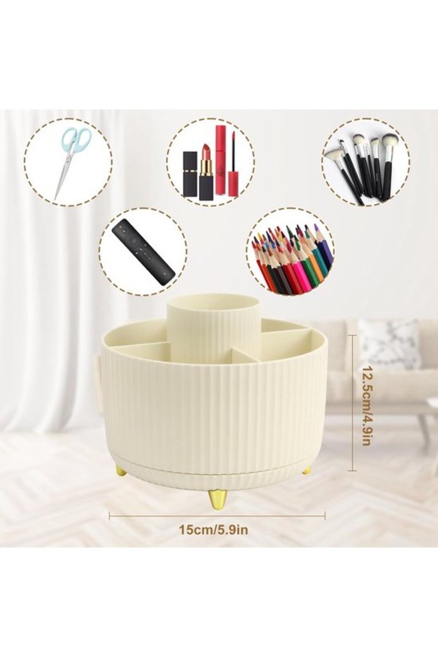 360-Degree Rotating Cream Pen Holder, 5-Slot Stationary Desk Organizer & Non-Slip Pencil Storage Pot for Office