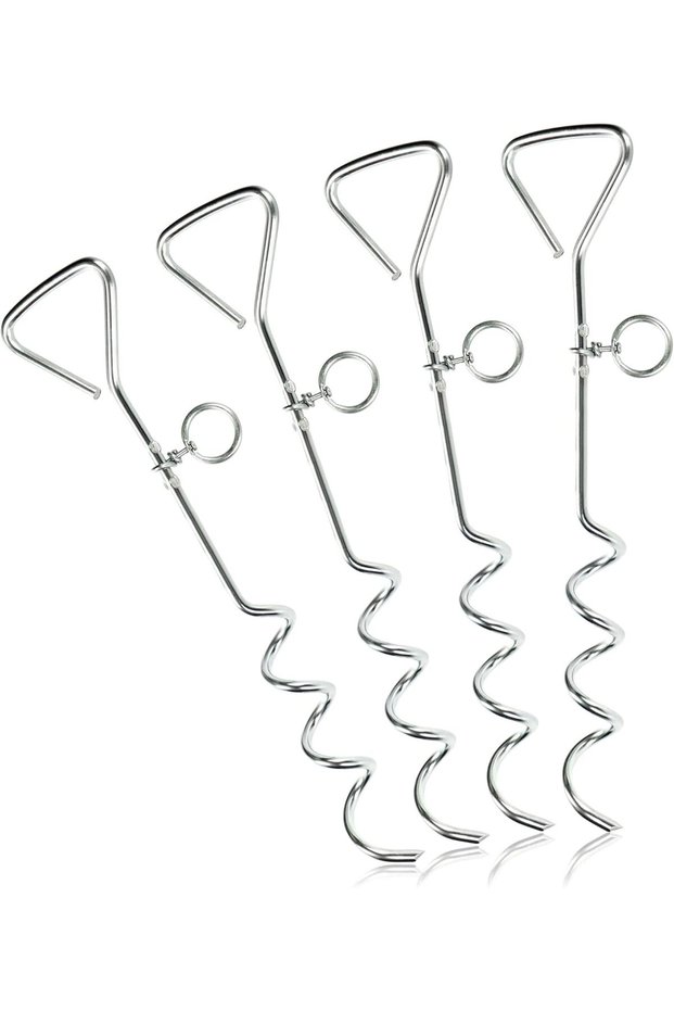 Four-piece silver tent anchoring kit - ground anchors for tarpaulins, gazebos, and awnings.