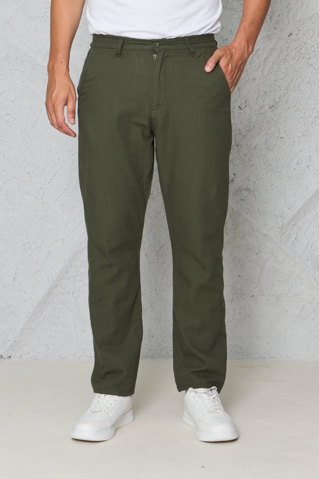 Men's Green Linen Trousers with Elastic Waist, Comfortable Fit, Summer Casual Trousers