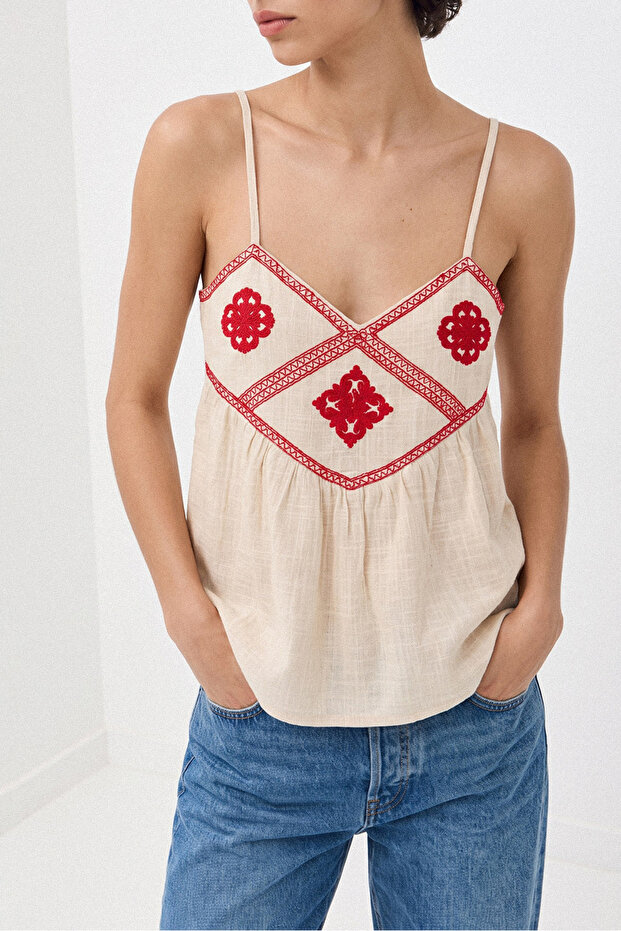 Embroidered Detail Strappy Top Natural