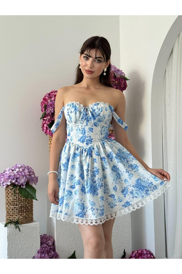 Women's Blue and White Mini Dress with Floral Pattern, Straps, Lace Detail, Gathered and Flared Cut
