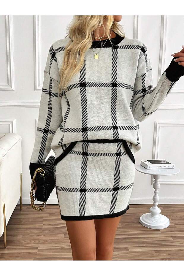 Women's Plaid Patterned Knitwear Double Set with Mini Skirt and Crew Neck Sweater Set