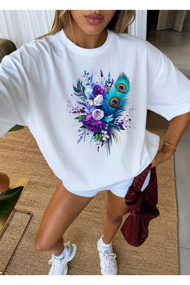 Cotton Women'S/Men's Unisex Oversize Crew Neck Floral Feather Heart Design Stylish Comfortable T-Shirt