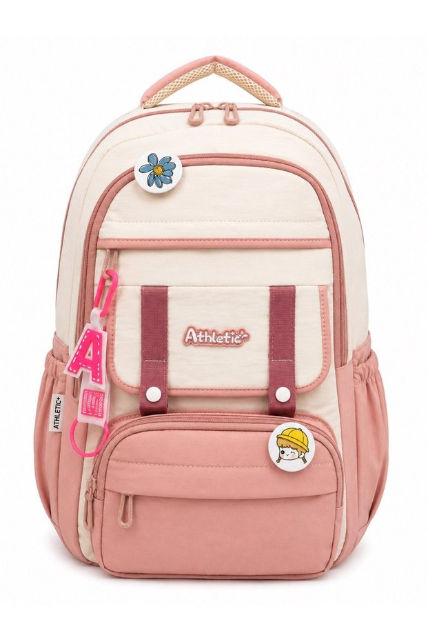 Multi-Compartment Vibrant Colorful Waterproof Orthopedic School and Backpack and Travel Bag with Cap and Badge Accessories
