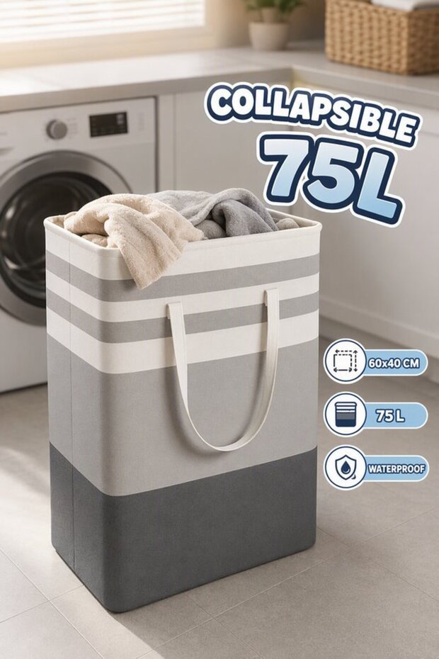 1 Cotton Linen Foldable Laundry Hamper Basket Waterproof Freestanding 75L Handle Bedroom Bathroom