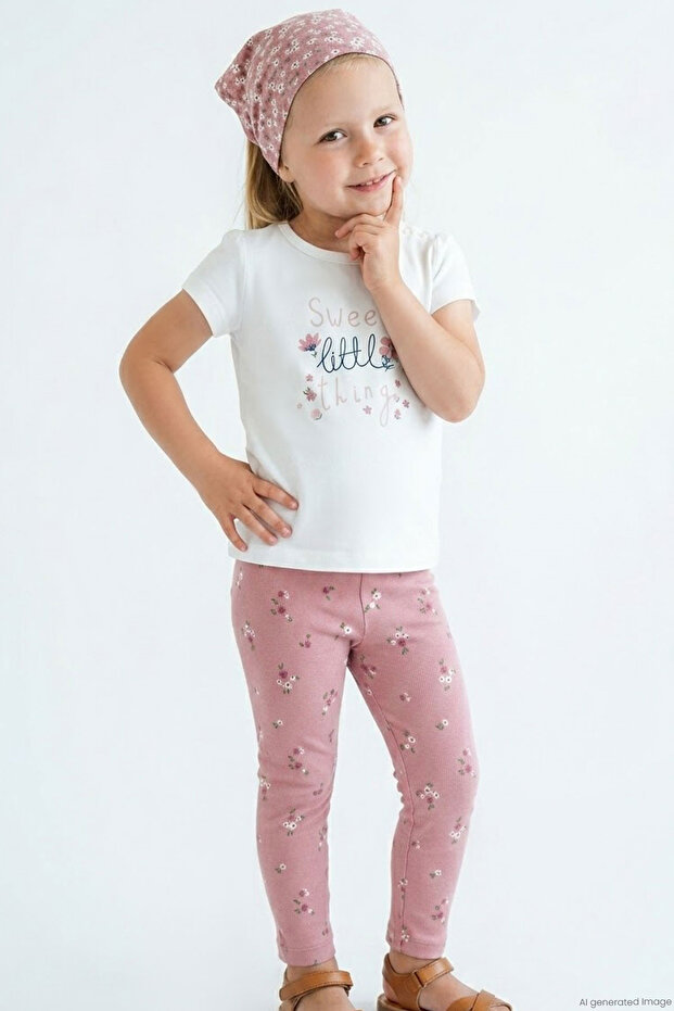 Girl's Short Sleeve Tights Set with Floral Pattern, Ages 1.5-5, Ecru