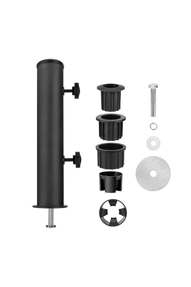 Universal parasol base set, including insert tube and pole retaining sleeve, suitable for outdoor and garden use, black.