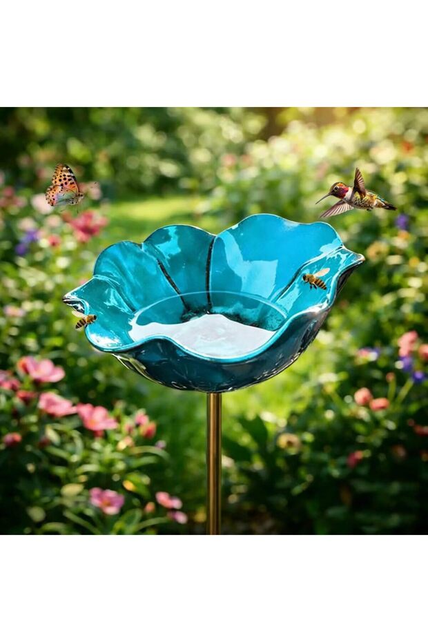 Bird Water Bottle - 14*14*65 cm - High-quality alloy material - Elegant floral design - Garden decoration - Pet supplies - Blue