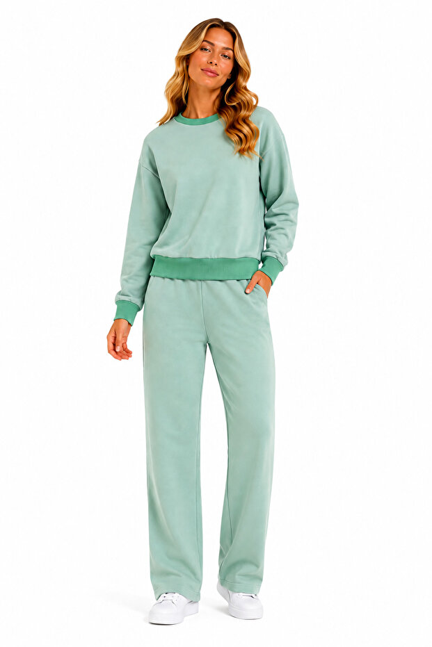 Women's Cotton Crew Neck Wide Leg Tracksuit Set Mint-101