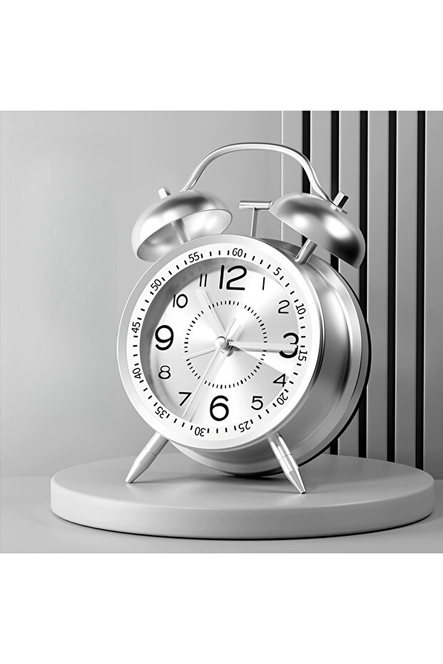 Super Powerful Alarm Clock Deep Sleepers 4-Inch Retro Dual Bells Silent No Ticking Quartz Movement Backlit USB White Background