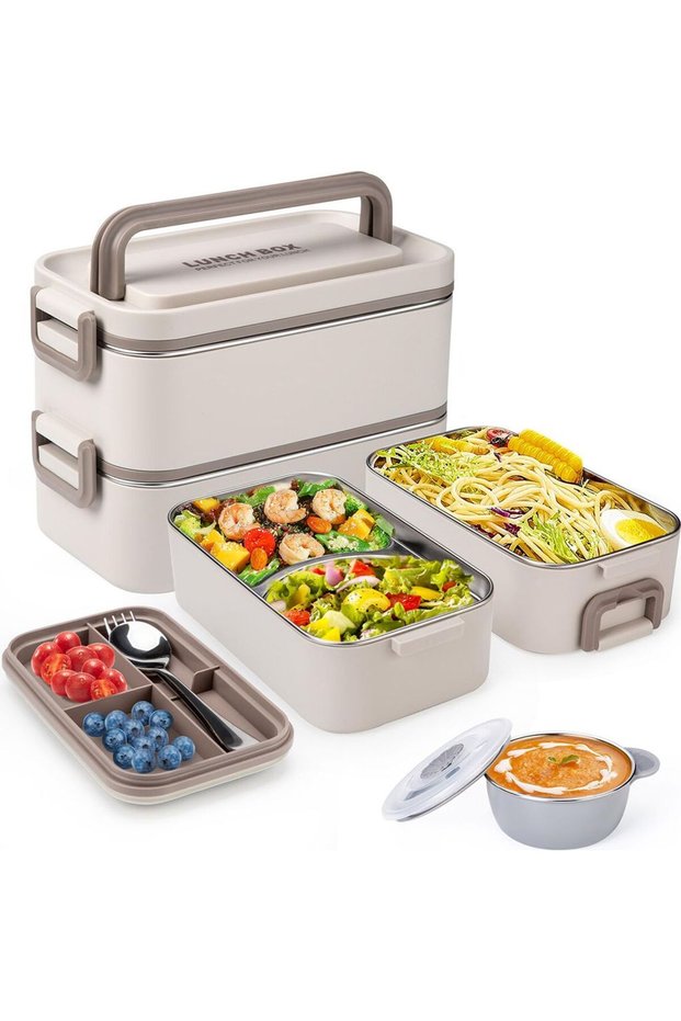 2-liter stainless steel double-walled lunchbox, insulated, leak-proof, includes cutlery and soup bowl, work, school, outdoor.